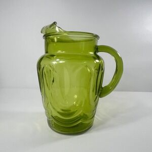 Vintage Avocado Green‎ Glass Pitcher Decorative Embossed Design Barware